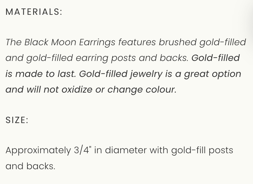 Screenshot of the description of the materials for gold-filled earrings.