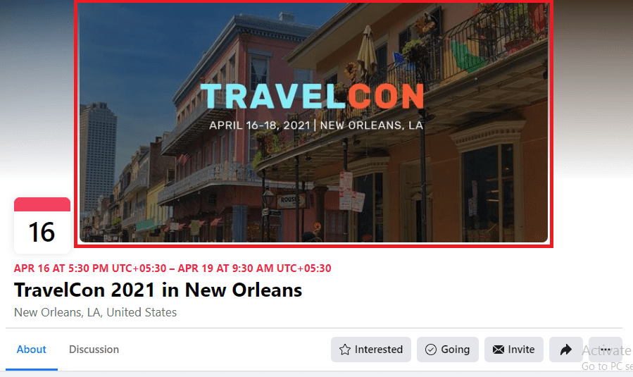 Screenshot from Facebook of an event cover photo for Travelcon 2021 in New Orleans