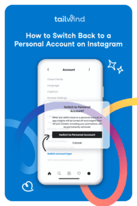 Image of a mobile phone with a "switch to personal account" popup on the screen and the title of the blog post and Tailwind in white font on a blue background.