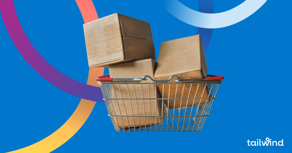 Image of cardboard boxes in a shopping basket and the word Tailwind in white letters on a blue background.