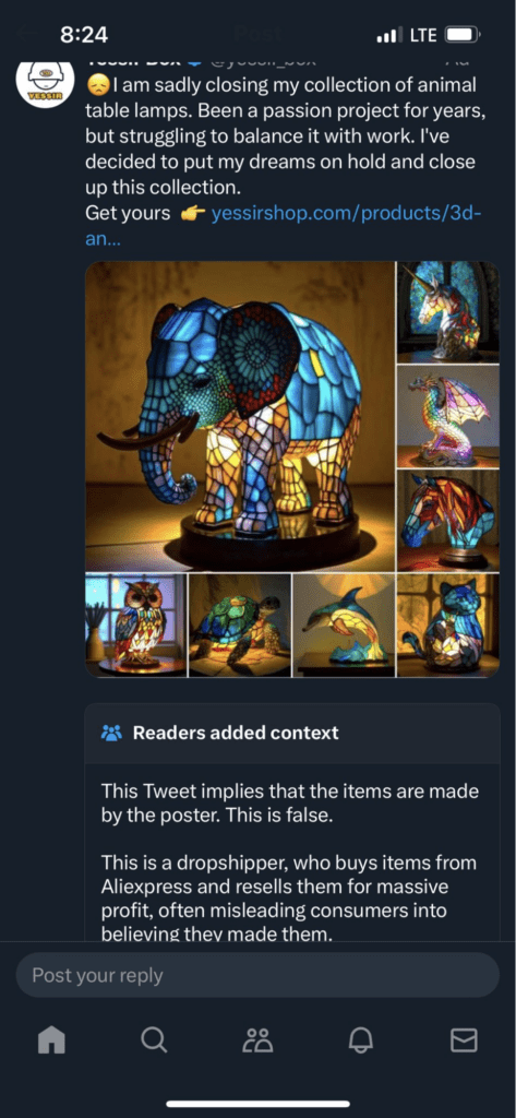 Screenshot of a social media post featuring stained glass lamps for sale.