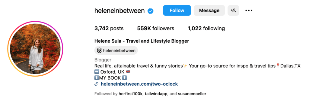 Screenshot of Instagram bio for Helene Sula, Travel and Lifestyle blogger. 