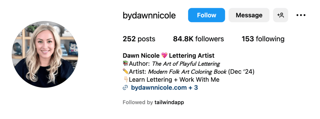 Screenshot of Dawn Nicole's Instagram bio. Handle @bydawnnicole.