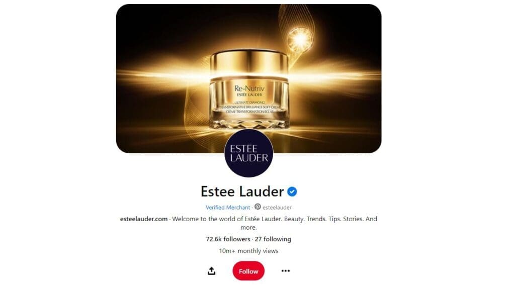 Screenshot of Estee Lauder's pinterest page