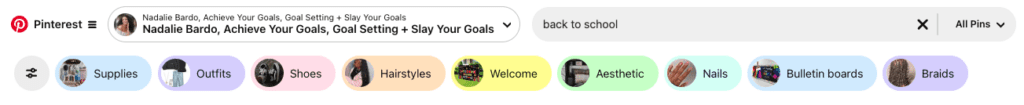 Screenshot from Pinterest showing Nadalie Bardo's boards with "back to school" in the search bar.