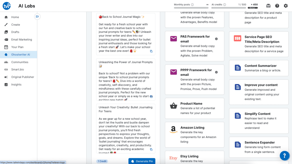 Screenshot of Tailwind AI Labs site showing several options for Back to School Pin descriptions created by Ghostwriter AI.