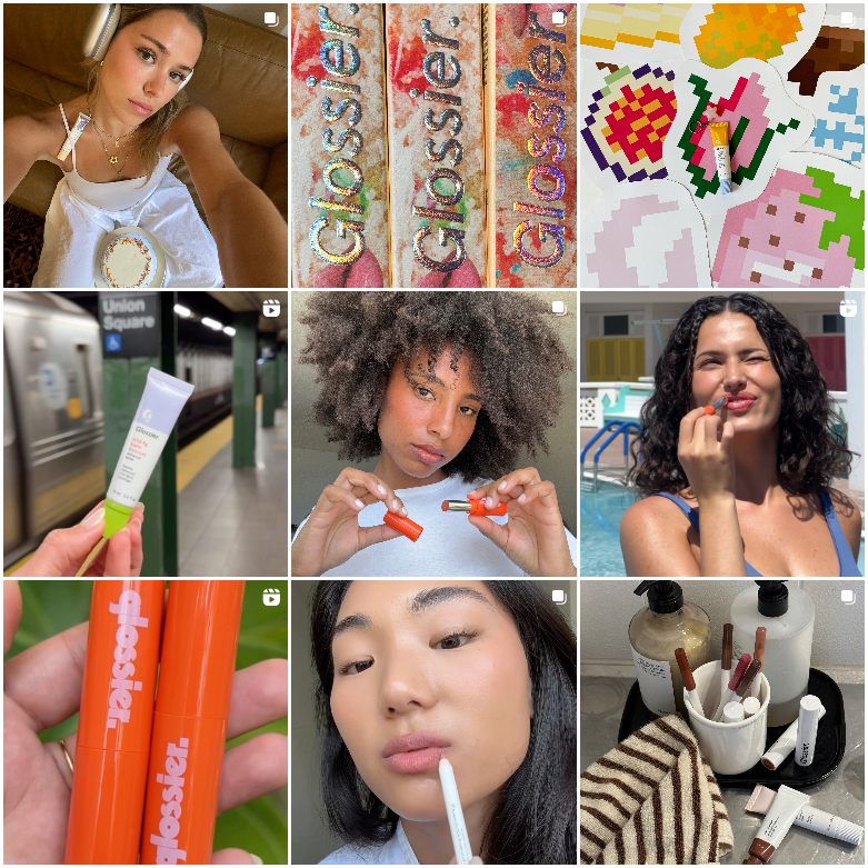 Screenshot of 9-grid of a variety of posts showing Glossier makeup