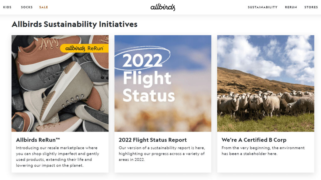 Screenshot from Allbirds's website showing their Sustainability Initiatives