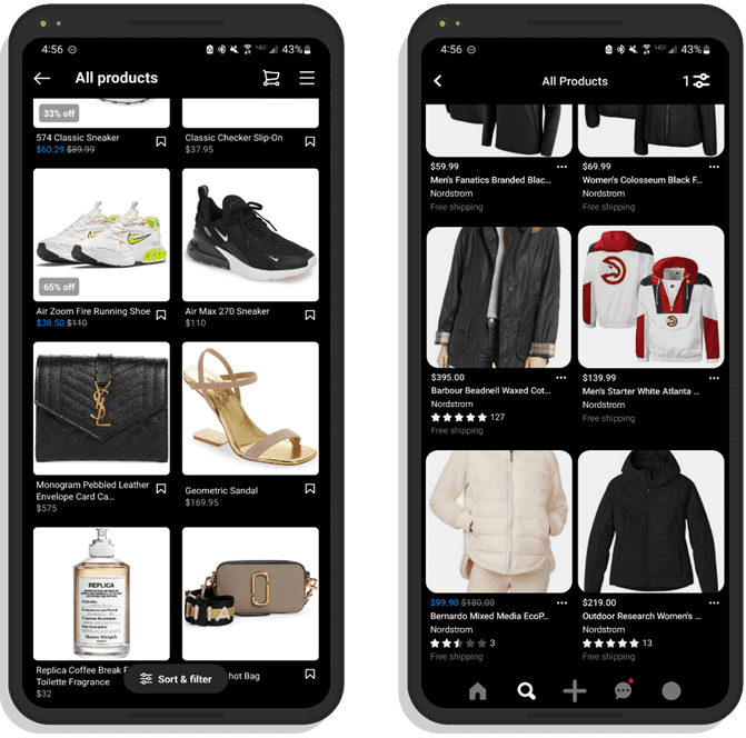 Two images of smartphone screens showing thumbnails of products from Nordstrom