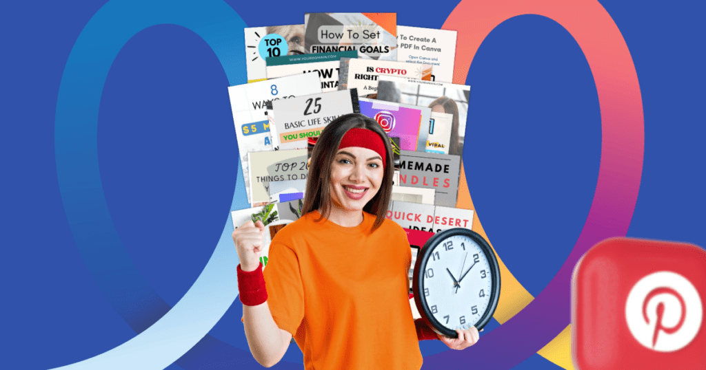 A cheerful woman in an orange shirt and headband holds a clock. Multiple document thumbnails are behind her. Pinterest logo is in the corner.