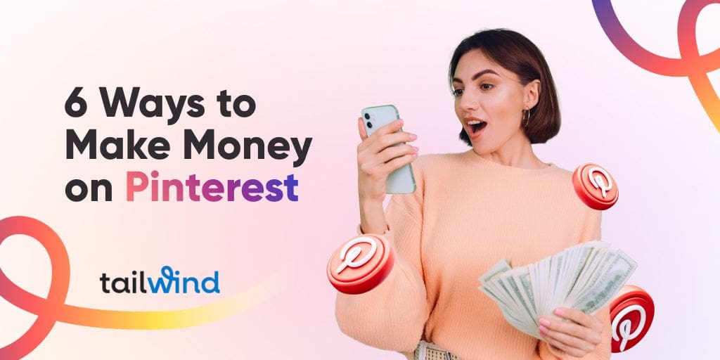 Woman looking at her cell phone with surprise and holding a lot of money in bills in her other hand on a light pink gradient background with the text of the blog post title.