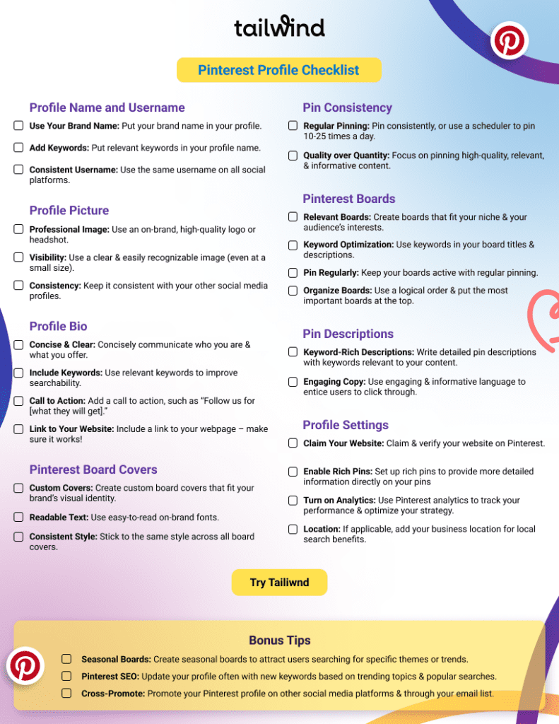 Pinterest profile checklist by Tailwind with tips for optimizing your profile name, picture, bio, board covers, pin consistency, and descriptions. Colorful layout.
