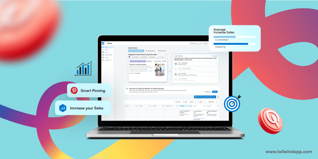 Laptop displaying the Tailwind app interface on a colorful background. Icons highlight features like "Smart Pinning" and "Increase your Sales."