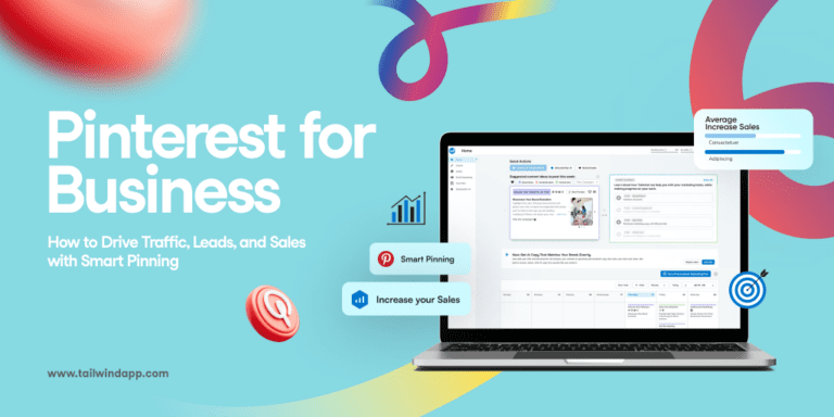 Laptop displaying a Pinterest interface on a blue background. Text reads "Pinterest for Business" highlighting traffic, leads, and sales tips. Icons include a graph and target.