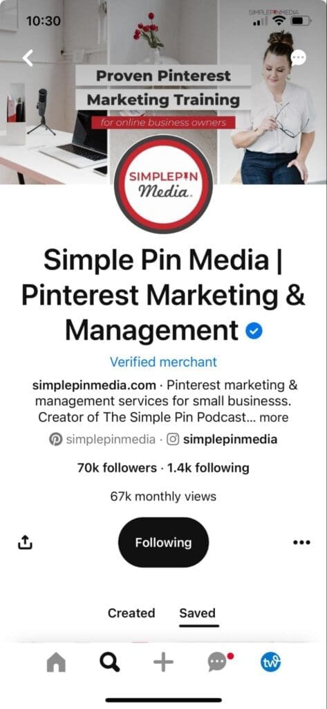 screenshot of Simple Pin Media's Pinterest bio showing their logo as their profile pic (the words "simple pin" in red font and "media" in black font within two red and black circles) and three different photos in their banner: an open laptop and microphone on a desk, a corner table with a vase of red flowers, and a woman in a white shirt and black pants.