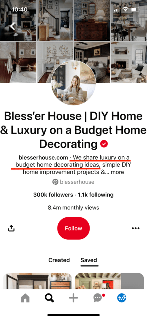 Screenshot of the Pinterest bio for Bless'er House. Text reads "We share luxury on a budget home decoration ideas, simple DIY home improvement projects &...