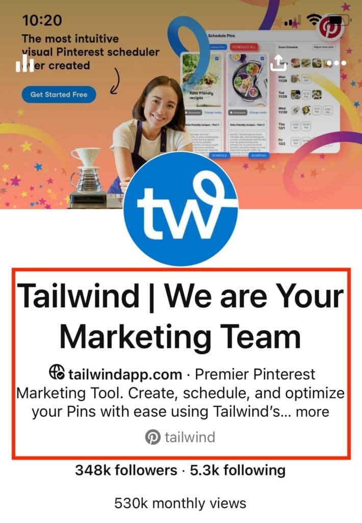 Screenshot of Tailwind's Pinterest bio. Text says "Premier Pinterest Marketing Tool. Create, schedule, and optimize your Pins with ease using Tailwind's..."