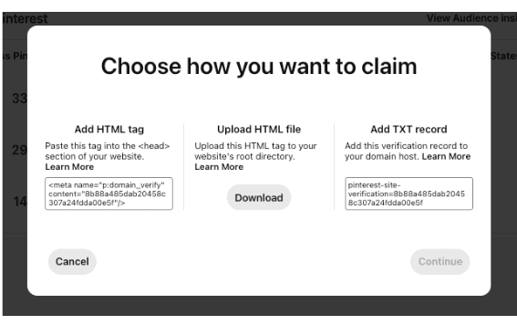 Screenshot of a menu entitled "Choose how you want to claim." There are three options: Add HTML tag, Upload HTML file, and Add TXT record.