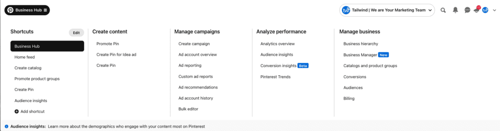 Screenshot of the Pinterest Business Hub menu with columns titled: Shortcuts, Create content, Manage campaigns, Analyze performance, and Manage business.