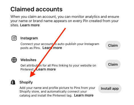 Screenshot of the "Claimed accounts" page that gives three options to choose from: Instagram, Websites and Shopify. A red arrow is pointing to the Shopify option.