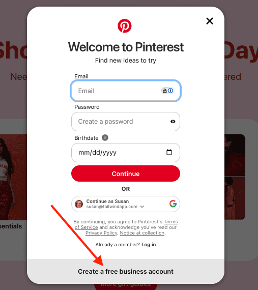 Screenshot of the "Welcome to Pinterest" page on pinterest.com with a red arrow pointing to the text at the bottom that says "Create a free business account."