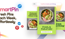 Several images of SmartPins showing salads and urls. Blog post title 'SmartPin: Fresh Pins Each Week, Effortlessly' and the Tailwind and Pinterest logos are on a white background with colorful swirls.