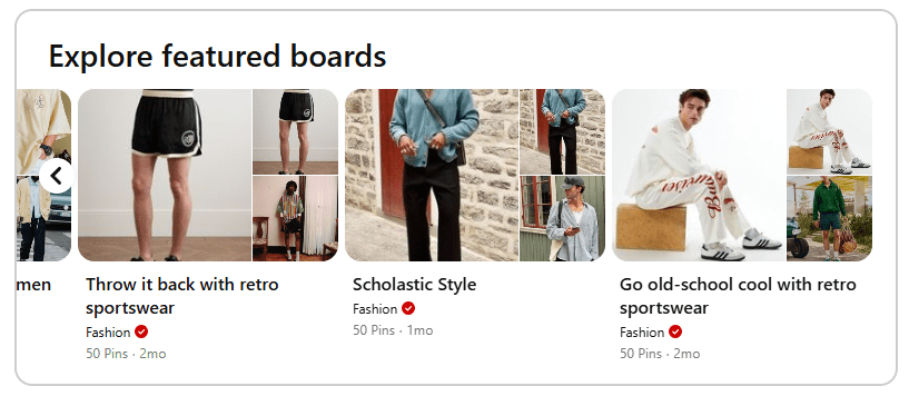 Collage of Pinterest fashion boards featuring retro sportswear and scholastic styles. Images include shorts, sweaters, and model poses with nostalgic flair.