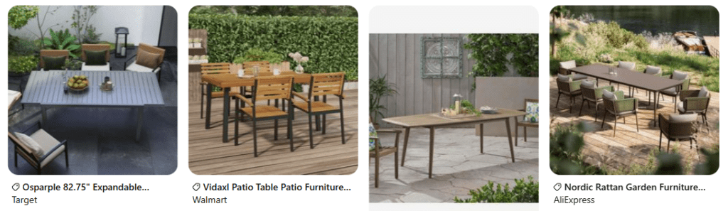 Collage of four outdoor patio furniture sets featuring tables and chairs on decks, surrounded by greenery and plants, conveying a relaxing garden ambiance.
