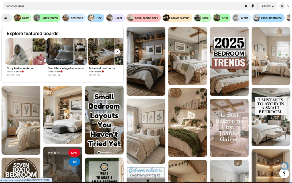 Pinterest search bar with text that says "bedroom ideas" above colorful search buttons suggestions such as "cozy," "small rooms," "aesthetic" and more. Collage of Pinterest boards showing cozy and modern designs. Features neutral colors, plants, and decor tips.