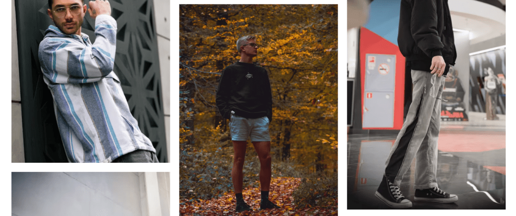 A collage of three men in urban and natural settings. Left: Man in a striped shirt against a patterned wall. Center: Man in a forest wearing a black sweater and shorts, surrounded by autumn leaves. Right: Man in a mall with a black jacket and grey pants, holding glasses, conveying a stylish, casual vibe.