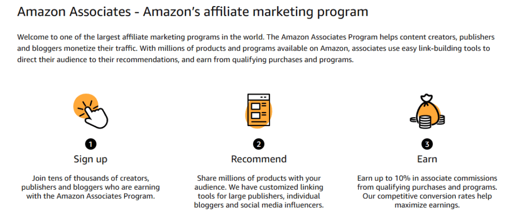 Amazon Associates affiliate program overview, steps to start earning. Icons illustrate Sign Up, Recommend, and Earn process for publishers and bloggers.