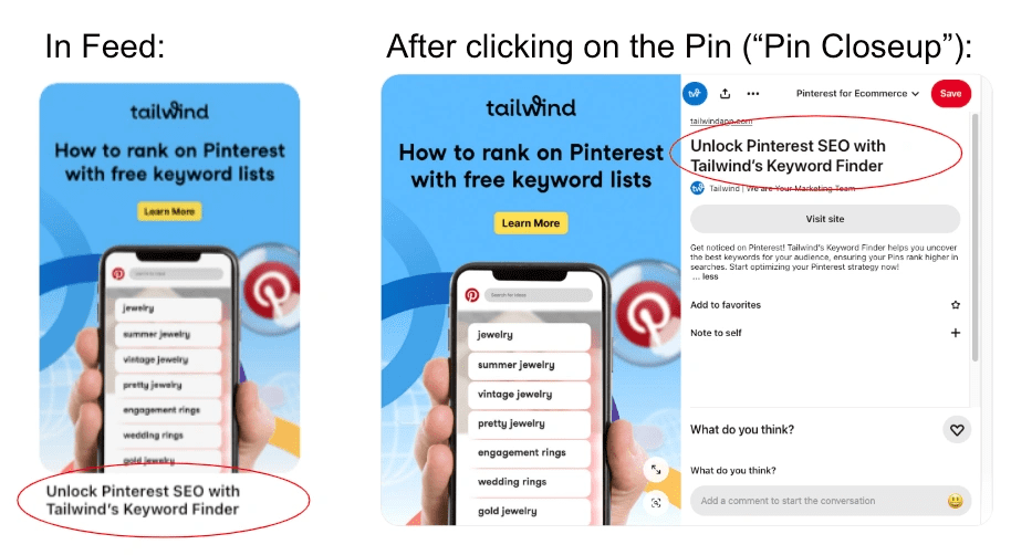 Two images show a Pinterest ad from Tailwind. Both display a phone with a list of keywords like 'jewelry' and 'vintage jewelry' on a blue background. The left image shows how the ad looks In Feed, and the right image shows how the ad looks After Clicking on the Pin ("Pin Closeup"). The Pin title is 'Unlock Pinterest SEO with Tailwind’s Keyword Finder.'