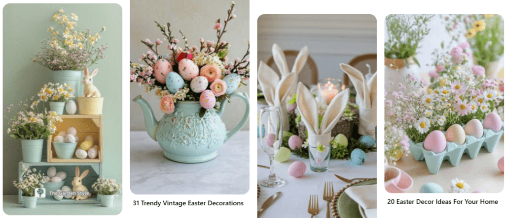 Four panels display Easter decor. One has pastel flower pots and eggs, another features a teapot with flower and egg bouquet above text that reads "31 Trendy Vintage Easter Decorations", a table setting with bunny ear napkins, and a crate of flowers and eggs above text that reads "20 Easter Decor Ideas For Your Home". Pastel colors create a spring mood.