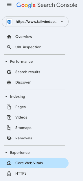 Dashboard of Google Search Console showing site URL with sidebar options, some of which are: Overview, Performance, Indexing, Experience, and Core Web Vitals, which is highlighted.
