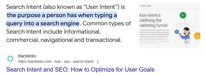 Highlighted text explaining search intent as the purpose behind a search query. Includes informational, commercial, navigational, and transactional types, with a related Backlinko link below.