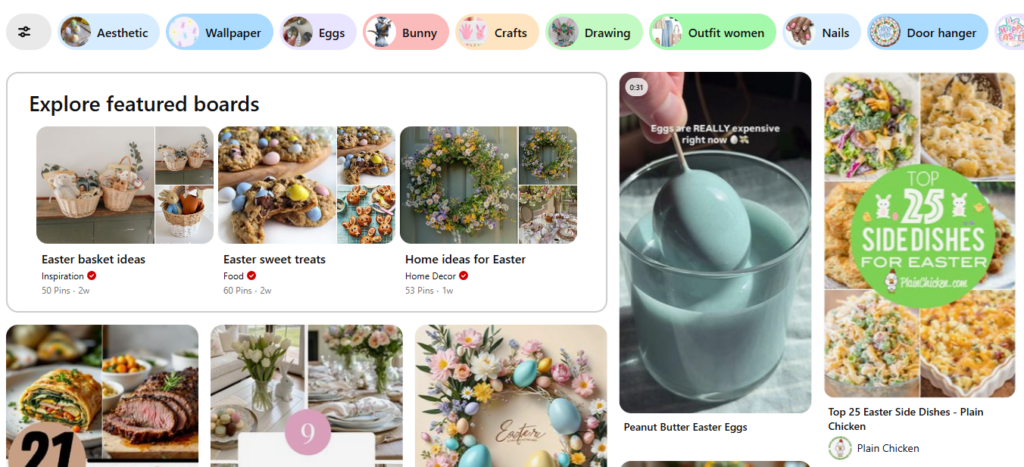 Pinterest interface showcasing Easter-themed boards and ideas. Includes Easter baskets, sweet treats, home decor wreaths, dyed eggs, and side dishes.