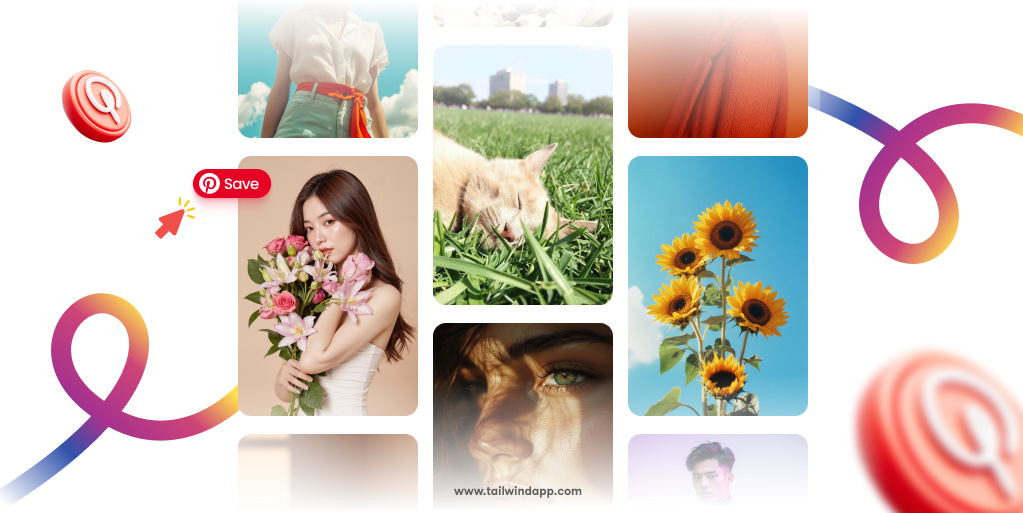 A collage of diverse Pin images including food, fashion, nature, and people on a white background. Also, a Pinterest save button, Pinterest logos, and multicolored swirls. The Tailwind url (www.tailwindapp.com) is on the bottom.