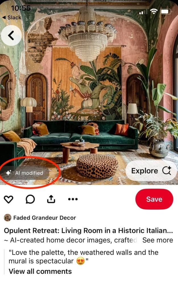 A Pinterest Pin showing a luxurious living room with vibrant green velvet sofa, ornate chandelier, and large mural depicting foliage. In the lower left corner is a red circle around the text "AI modified". In the description is the text "AI-created home decor images..."