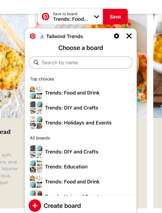 Pinterest save dialog shows board selection interface. Options include "Food and Drink," "DIY and Crafts," and "Holidays and Events." Background shows food.