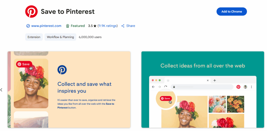 Screenshot of the Save to Pinterest extension in the app store.