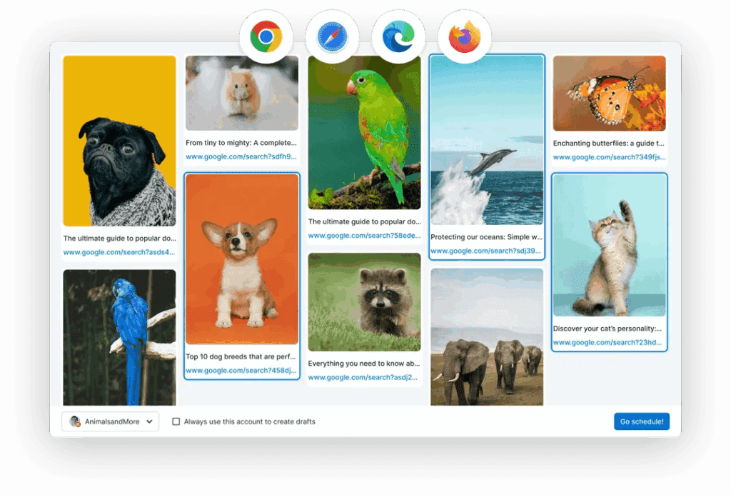 A collage of Pinterest Pins featuring animal images including a pug, hamster, parrot, corgi puppy, butterfly, and raccoon, with a dolphin and elephants in nature. Along the top are four icons of different browsers: Chrome, Safari, Edge, and Firefox.