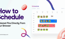 Image of a weekly digital calendar with scheduled Pins in different time slots and Pinterest logos on a white background. Title of the blog post ("How to Schedule Pinterest Pins Directly From Your Browser") and the Tailwind url (www.tailwindapp.com) are to the left of the image.