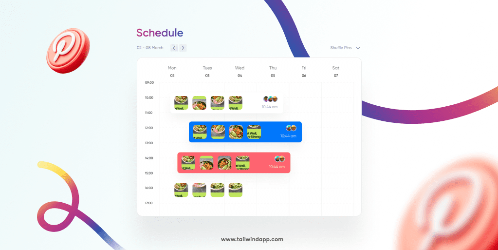 Image of a weekly digital calendar with scheduled Pins in different time slots and Pinterest logos on a white background. The Tailwind url (www.tailwindapp.com) is under the image.