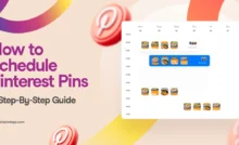 A calendar layout showing thumbnails of Pins scheduled for different times throughout the week. The title of the blog post ('How to Schedule Pinterest Pins: A Step-By-Step Guide'), the Tailwind url address (www.tailwindapp.com), large multicolor swirls, and several Pinterest logos are around the image on a light peach background.