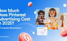 Several colorful images, including a fashionable woman dressed in an orange polka dot dress, a stylish lamp, and a man with an oversized scarf. A line graph called "Strategy Pinning" and several Pinterest logos. The blog post title ("How Much Does Pinterest Advertising Cost in 2025? A Complete Breakdown.) and Tailwind's url (www.tailwindapp.com) are on a blue and white gradient background.
