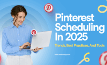 Woman in a blue blouse and white pants smiling at an open laptop against a light blue background. A collage of Pinterest Pins, The Tailwind logo, blog post title, and the Tailwind website url (www.tailwindapp.com) surround the image.