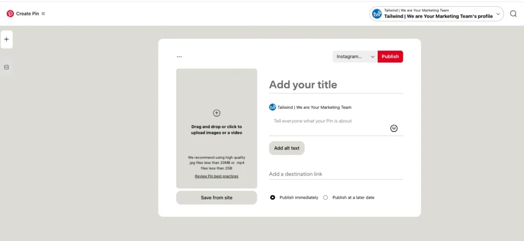 Screenshot of the Create Pin interface on Pinterest showing an Add alt text button below the Pin description field.