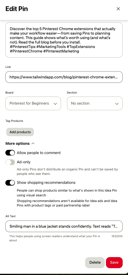 Screenshot of Edit Pin interface on Pinterest with an Alt Text field at the bottom above the Save button.