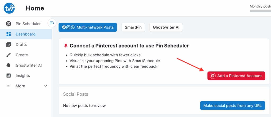 Screenshot of the Tailwind dashboard with text "Connect a Pinterest account to use Pin Scheduler" and a red arrow pointing to a button that says "Add a Pinterest Account".