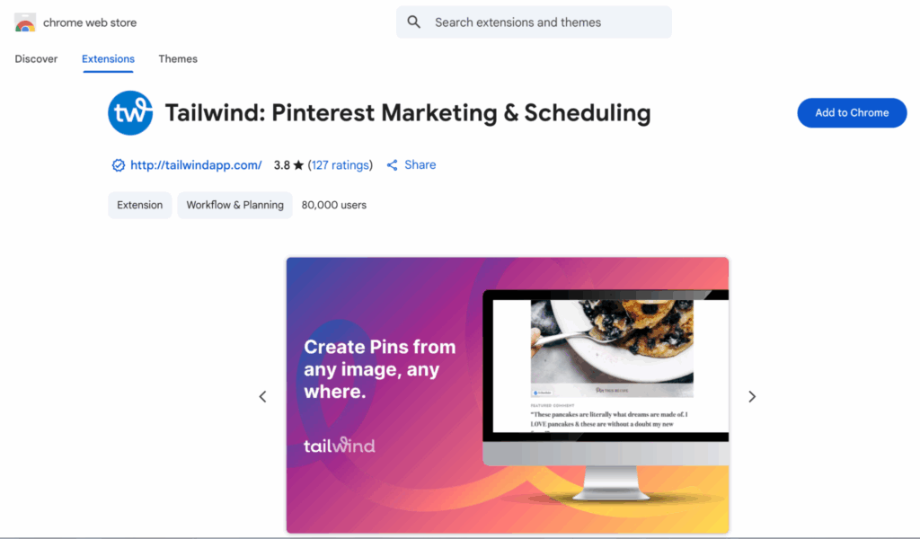 Screenshot of Tailwind's Pinterest extension in the Chrome Web Store with an "Add to Chrome" button.